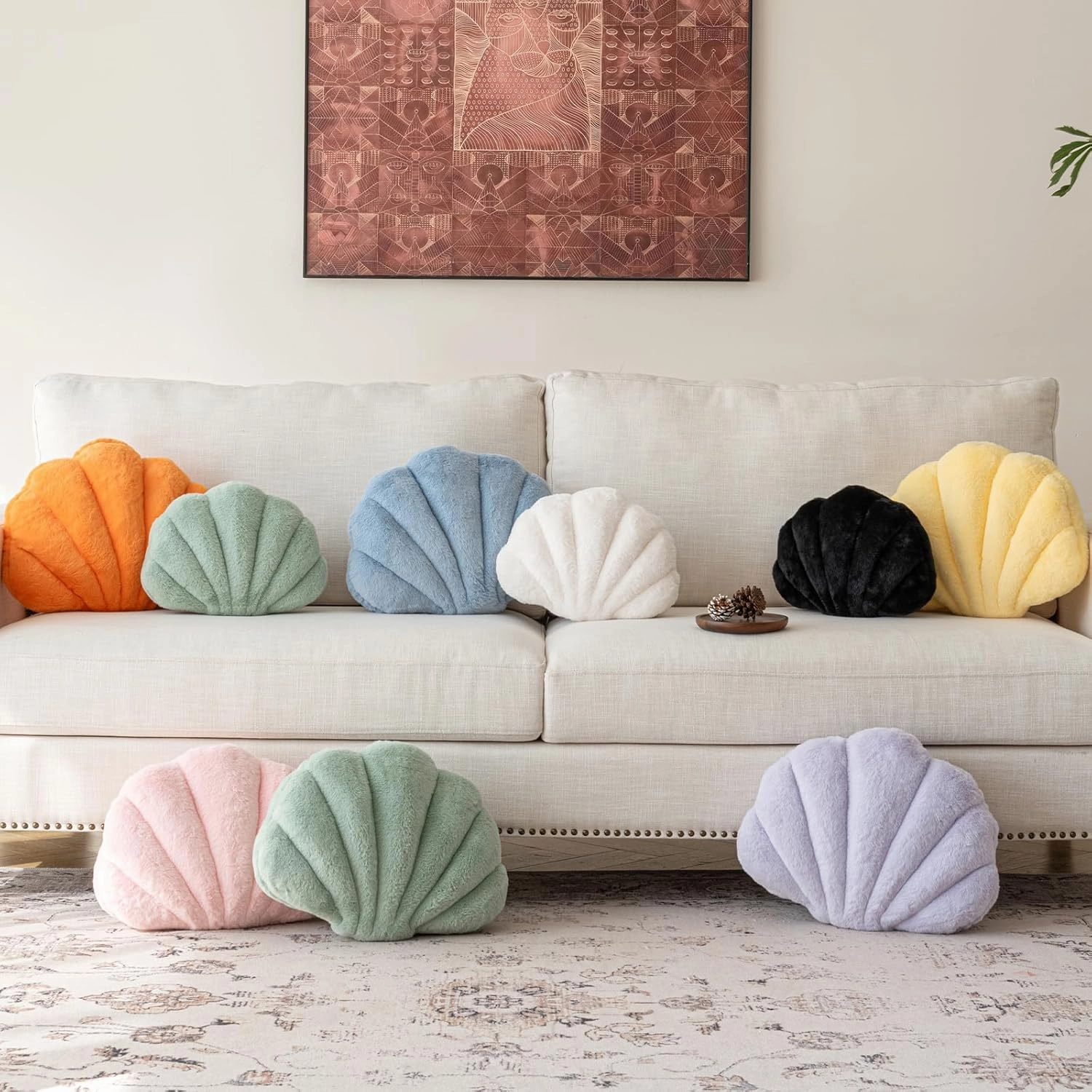 Shell Pillow, Seashell Throw Pillow with Soft Rabbit Plush for Couch Bed, Shell Shaped Decorative Ocean Pillow Stylish Beach Cushion Room Decor Aesthetic for Bedroom Livingroom