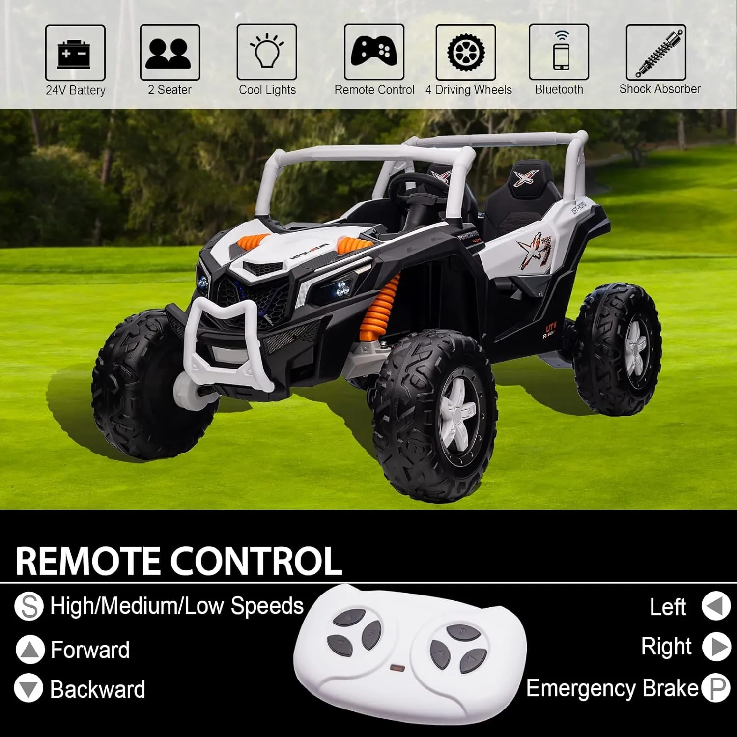 Side by Side Ride On UTV, 24V Battery Powered Electric Car for Kids 3-12yrs with Rubber-Plastic Polymerized EVA Tire 4WD Off-Road Truck 2-Seater XXXL Ride On Car w/Remote Control, White