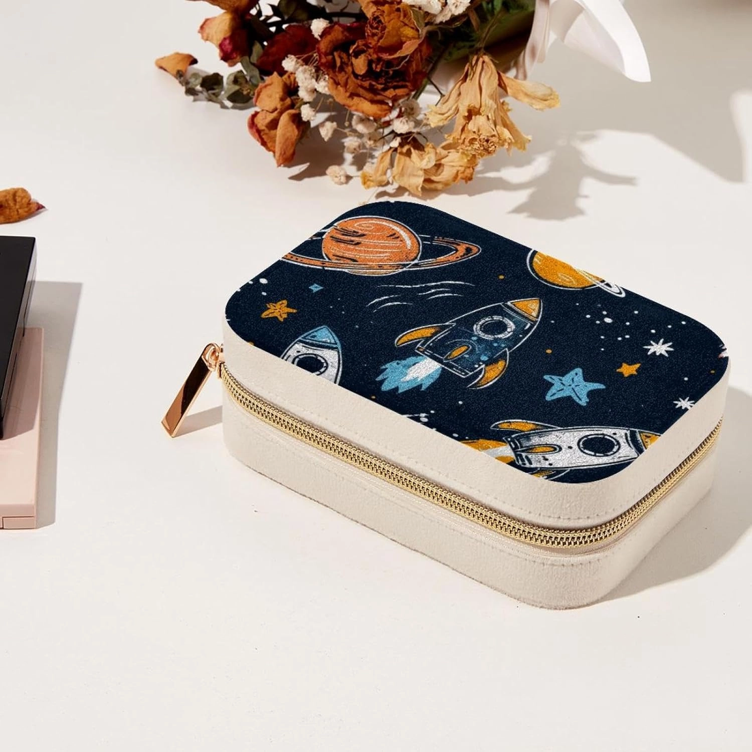 Small Travel Jewelry Box for Women Girls, Cartoon Planets Rockets and Stars Pattern Mini Jewelry Organizer Case for Necklace, Stud Earrings, Ring, Bracelets Storage Boxes