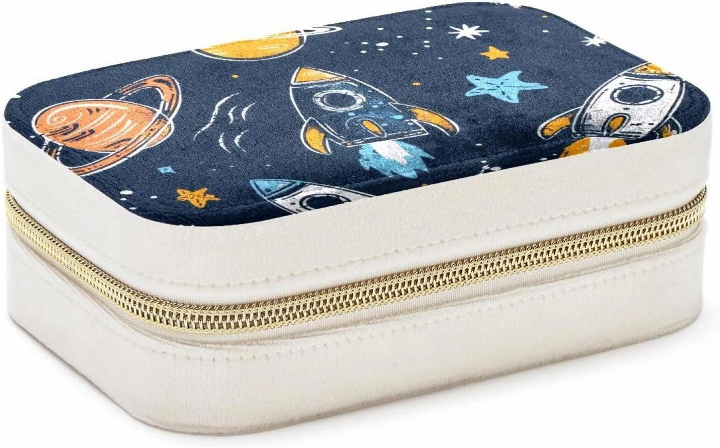 Small Travel Jewelry Box for Women Girls, Cartoon Planets Rockets and Stars Pattern Mini Jewelry Organizer Case for Necklace, Stud Earrings, Ring, Bracelets Storage Boxes