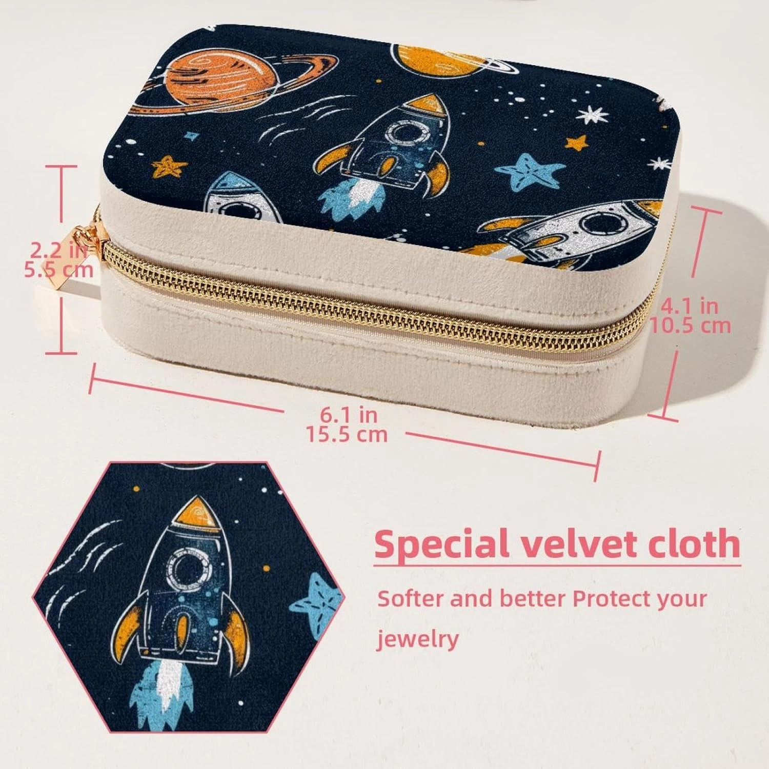 Small Travel Jewelry Box for Women Girls, Cartoon Planets Rockets and Stars Pattern Mini Jewelry Organizer Case for Necklace, Stud Earrings, Ring, Bracelets Storage Boxes