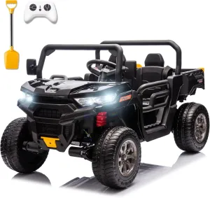 Sopbost 2 Seater 24V Ride On Toys for Big Kids with Electric Dump Bed 4WD Battery Powered Cars for Kids with Remote Control, Ride On Car with EVA Tires Wheels, Shovel, Music, Black
