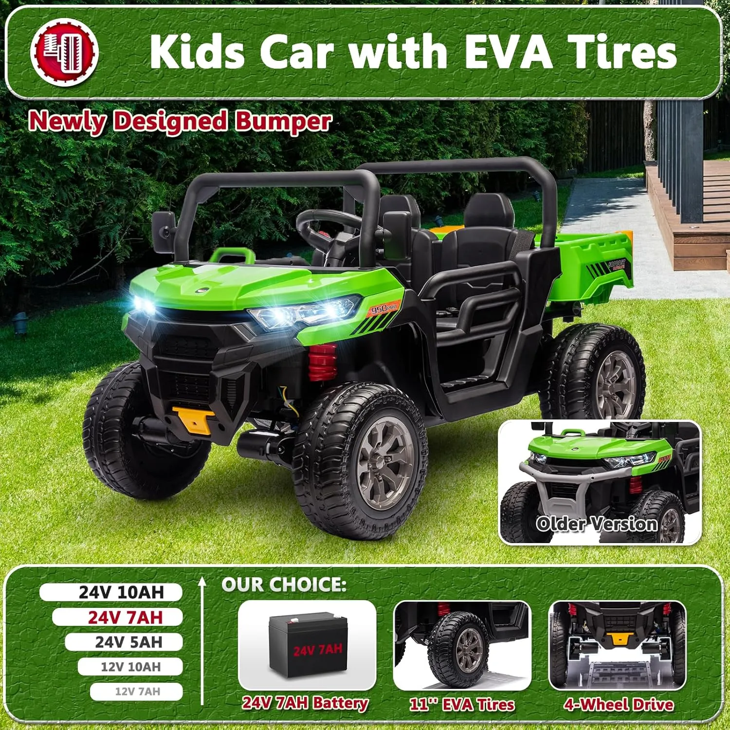 Sopbost 2 Seater 24V Ride On Truck with EVA Tires Wheels 4WD Kids Electric Car with Dump Bed Ride On Toy Car with Remote Control, Kids UTV for Boys Girls, Extra Shovel,Music, Green