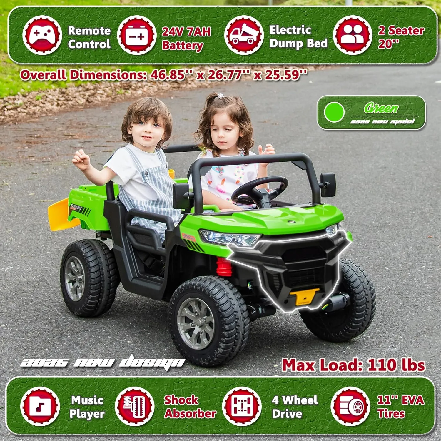 Sopbost 2 Seater 24V Ride On Truck with EVA Tires Wheels 4WD Kids Electric Car with Dump Bed Ride On Toy Car with Remote Control, Kids UTV for Boys Girls, Extra Shovel,Music, Green