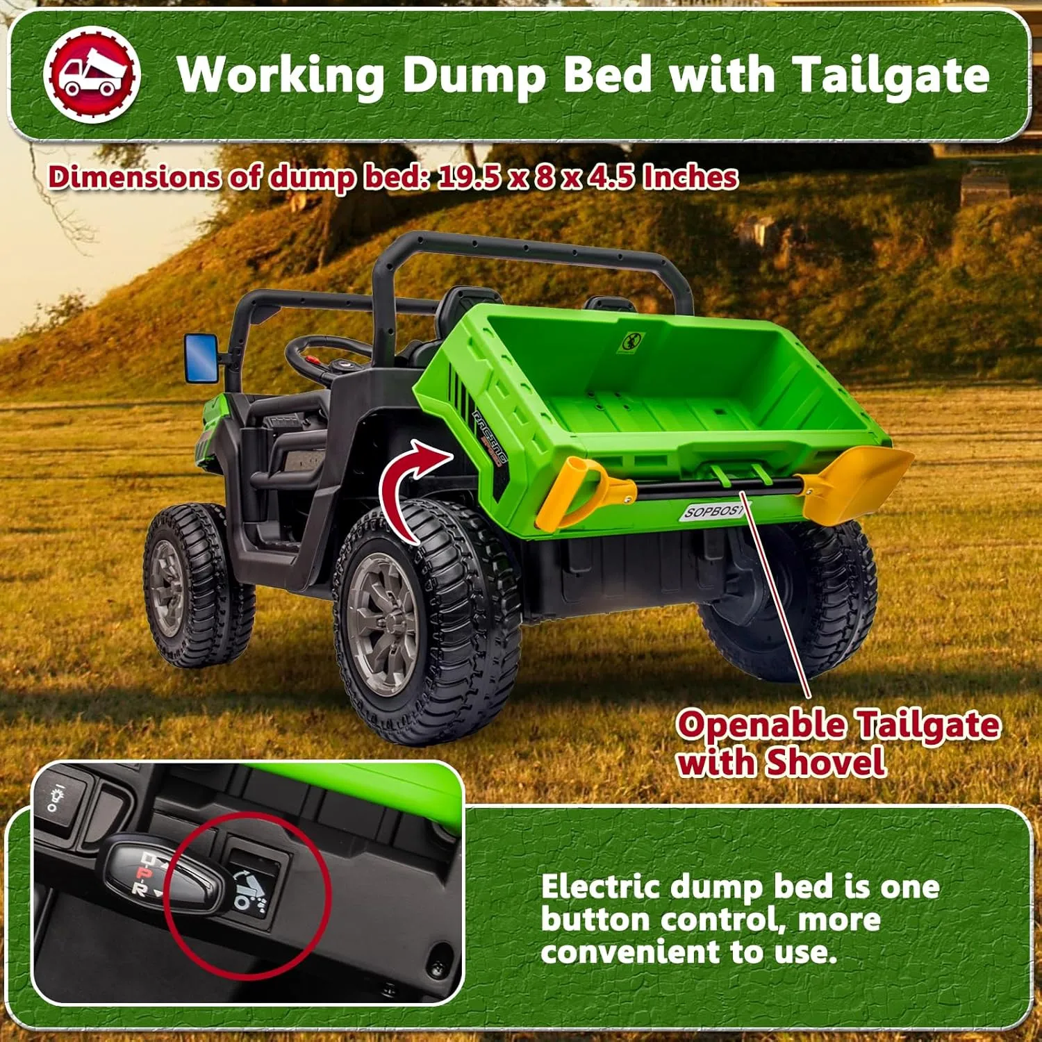 Sopbost 2 Seater 24V Ride On Truck with EVA Tires Wheels 4WD Kids Electric Car with Dump Bed Ride On Toy Car with Remote Control, Kids UTV for Boys Girls, Extra Shovel,Music, Green