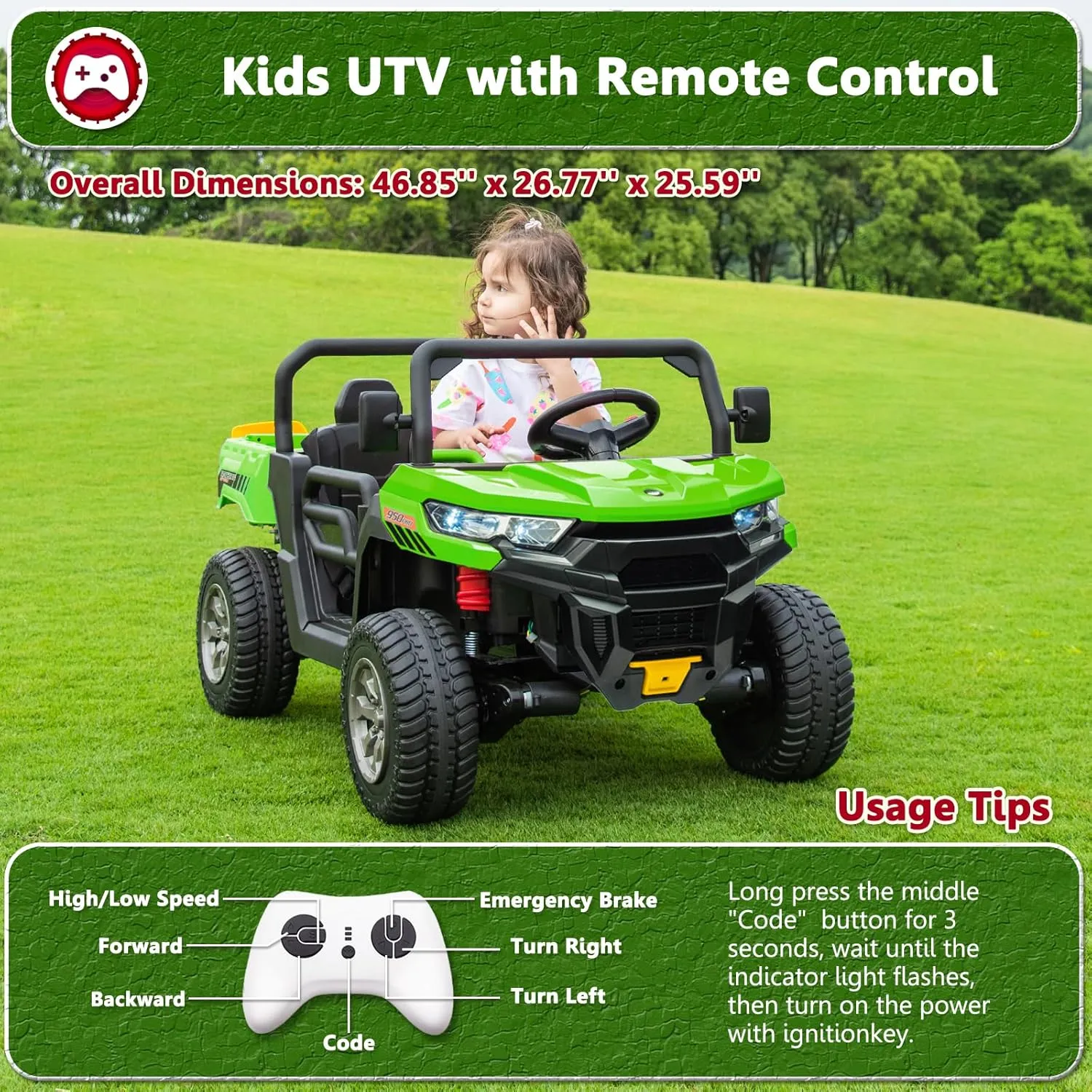 Sopbost 2 Seater 24V Ride On Truck with EVA Tires Wheels 4WD Kids Electric Car with Dump Bed Ride On Toy Car with Remote Control, Kids UTV for Boys Girls, Extra Shovel,Music, Green