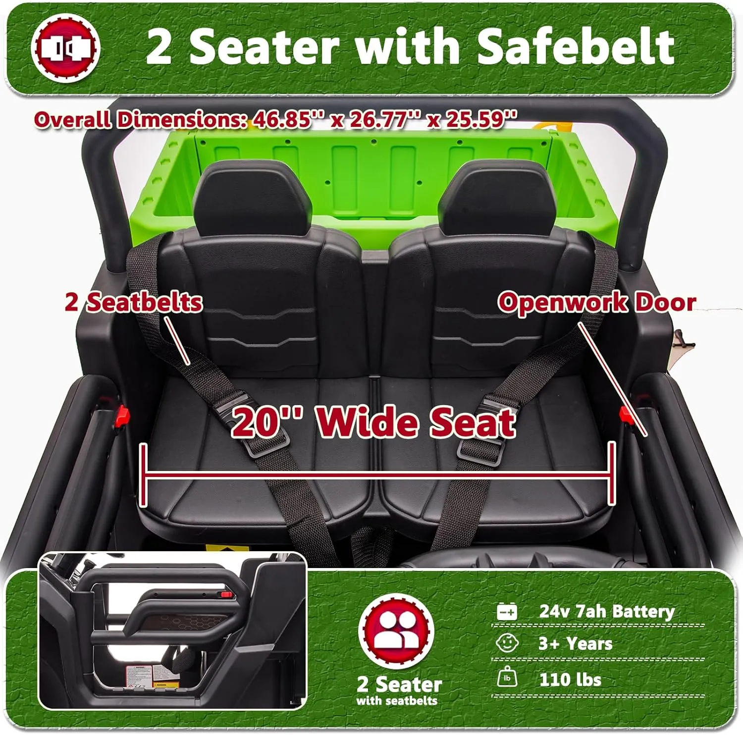 Sopbost 2 Seater 24V Ride On Truck with EVA Tires Wheels 4WD Kids Electric Car with Dump Bed Ride On Toy Car with Remote Control, Kids UTV for Boys Girls, Extra Shovel,Music, Green