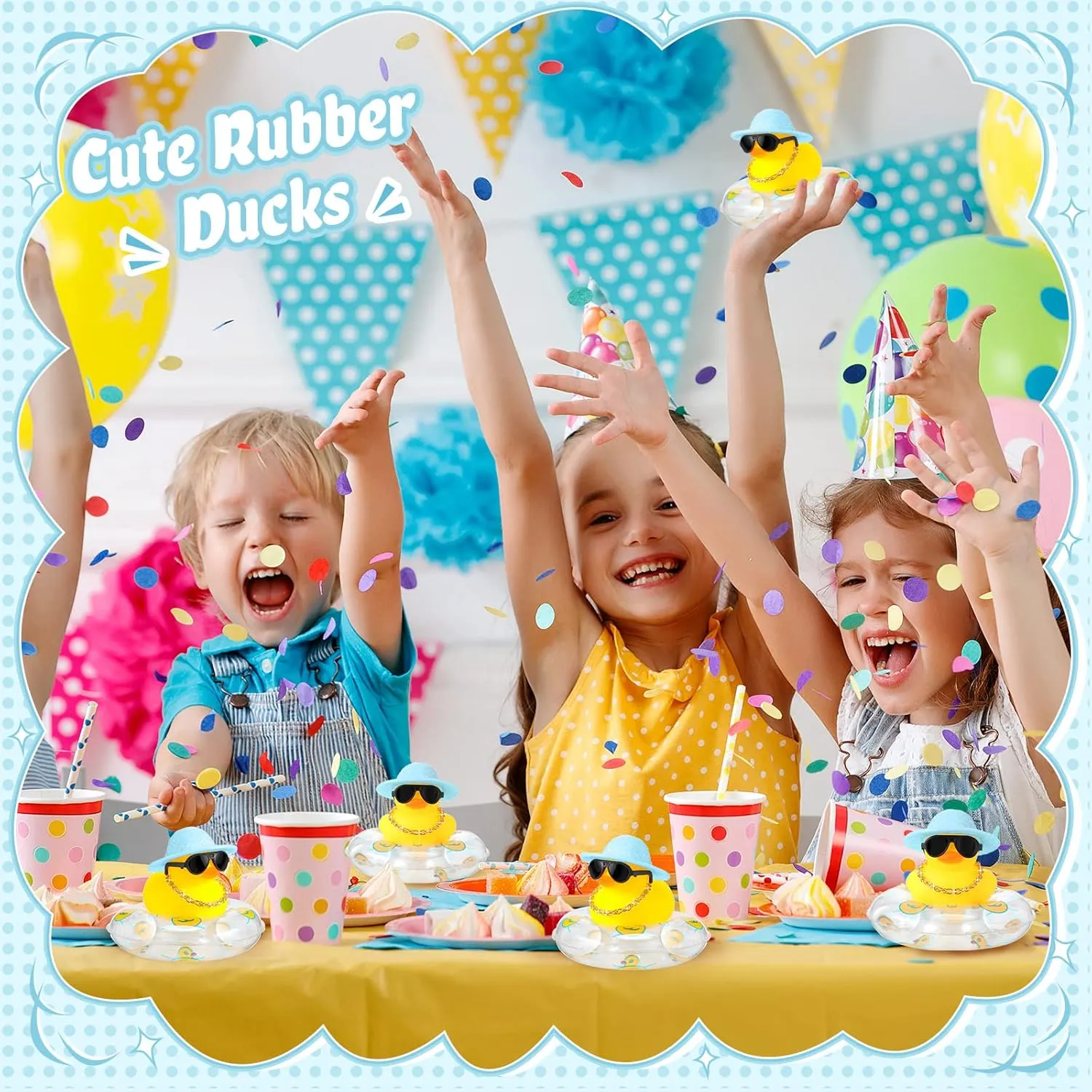 Sotiff Mini Rubber Ducks Bulk for Kids Children Cute Yellow Duck Toy for Dashboard of Car Bathtub Ornaments with Sunglasses Swim Ring Mini Hat Necklace and for Baby Shower(24 Sets,Cute)