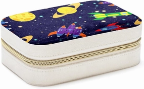Space Rocket Planets Travel Jewelry Box, Double Layer Portable Travel Display Case Storage Holder Boxes for Stud Earrings, Rings, Necklaces, Bracelets