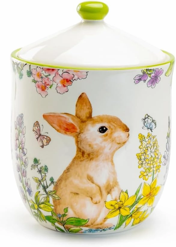 Spring Garden Bunny Large Size Canister with Silicone Seal Spring Easter Home Decor Gift, White, Yellow, Green