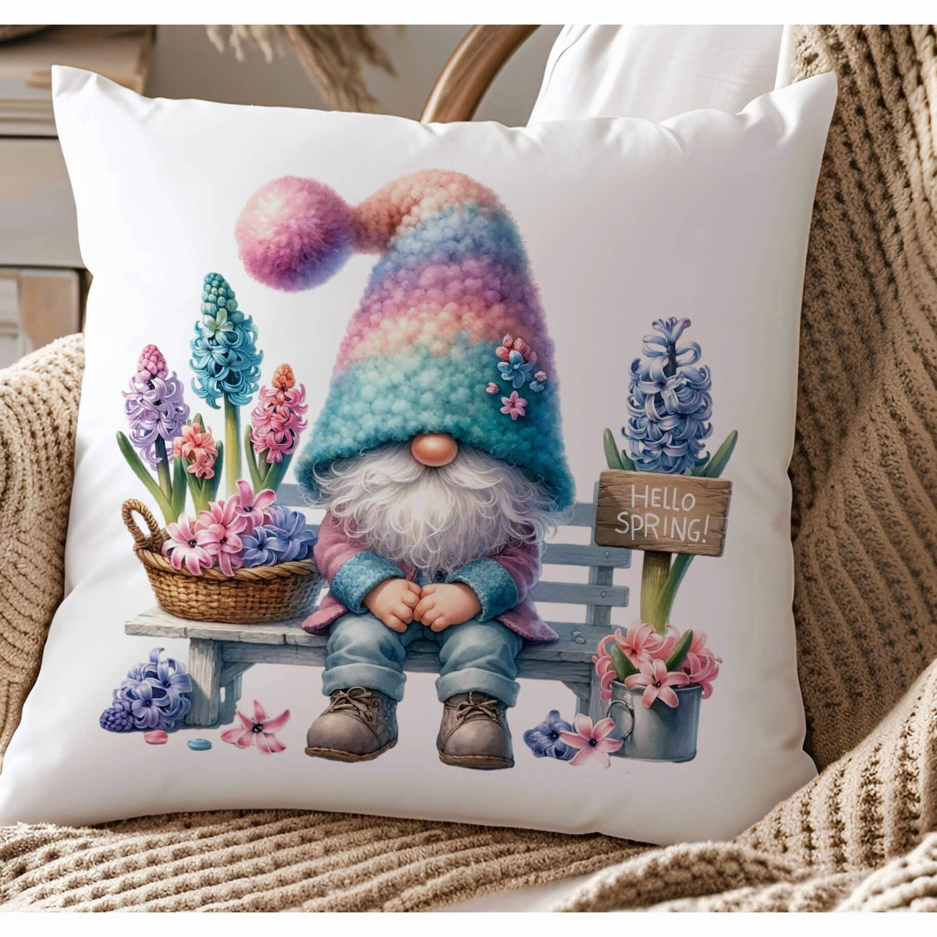 Spring Gnome Pillow - Floral Gnome Decor - Cute Gnome Throw Pillow,