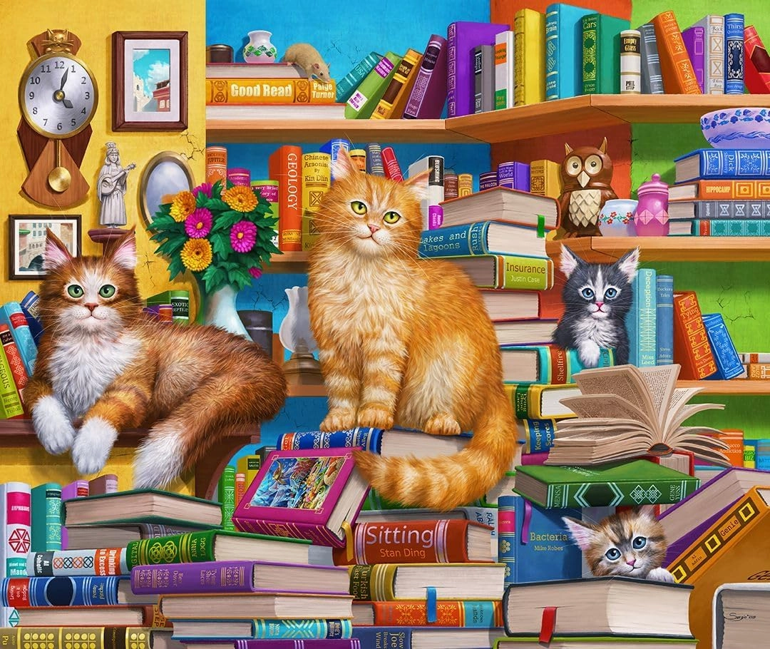 Springbok's Bookshop Cats 1000 Piece Puzzle for Adults Featuring Furry Felines Perched on The Bookshelf. Cat Lovers Will Enjoy This Masterpiece.