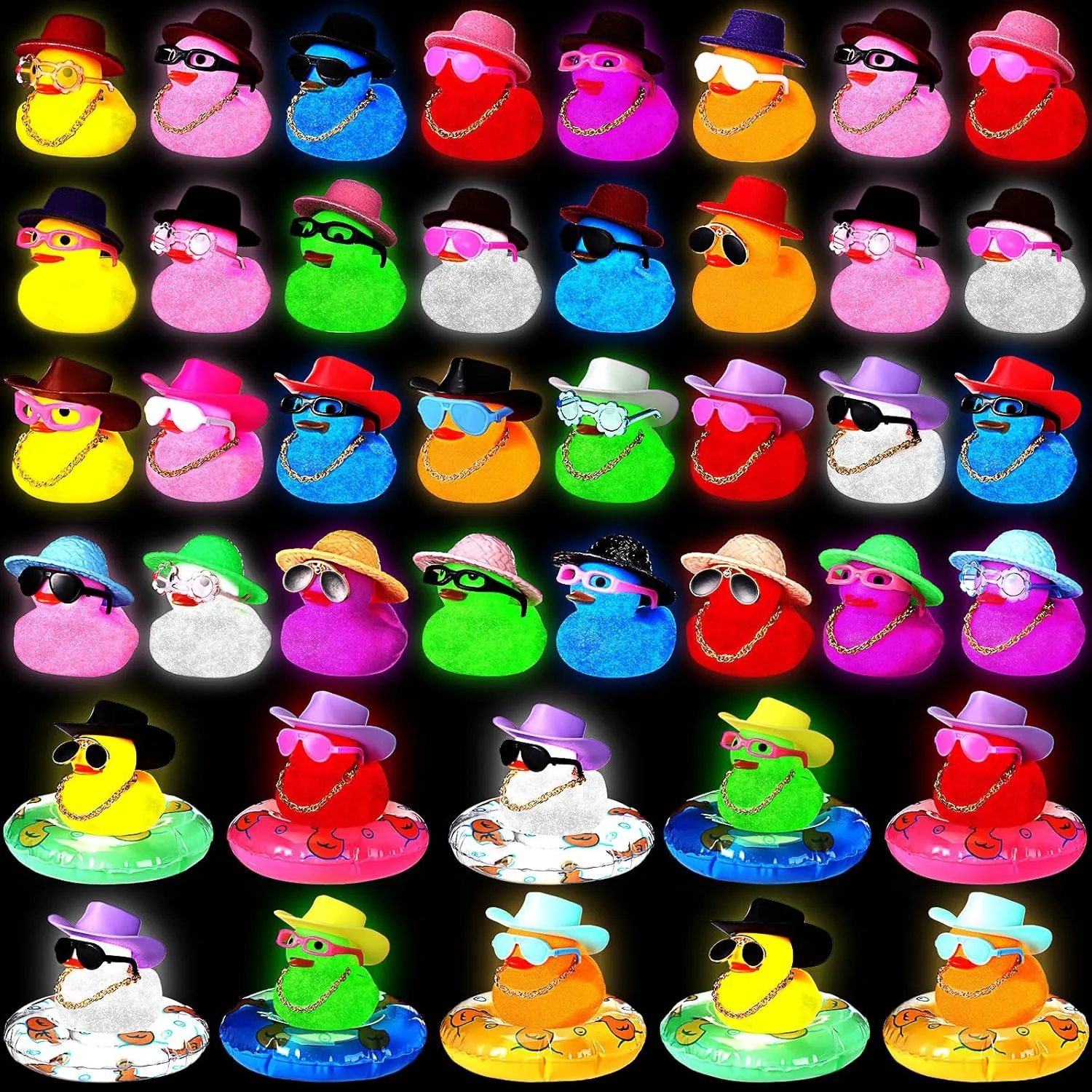 Sratte 170 Pcs Glow in The Dark Rubber Duck Bulk Mini Luminous Ducks Colored Little Fluorescent Bath Favor Sunglasses Necklace Hat Swim Circle for Summer Shower Birthday Beach Pool Party Gift