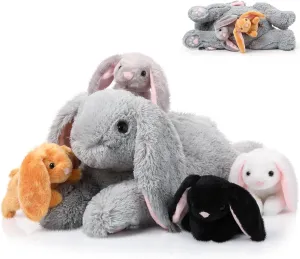 Sratte 5 Pcs Bunny Stuffed Animal Set Large Mommy Bunny Plush with 4 Cute Stuffed Baby Rabbits in Her Belly Soft Cuddly Rabbit Plushies Gift for Birthday Baby Shower Party Favors(Lying Style)