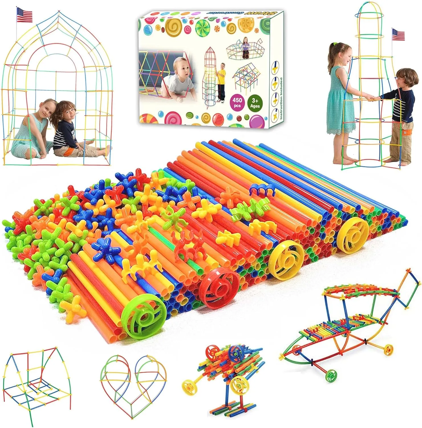Straw STEM Building Toys 480 pcs Interlocking Plastic Educational Toys Engineering Building Blocks -Fun- Educational- Safe for Kids- Develops Motor Skills-Construction Blocks