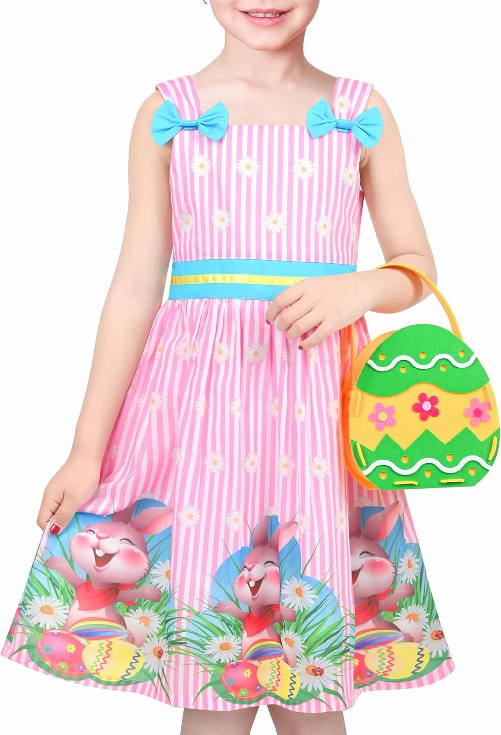 Sunny Fashion Girls Dress 2 Piece Bag Easter Bunny Egg Hunting Blue Casual Party