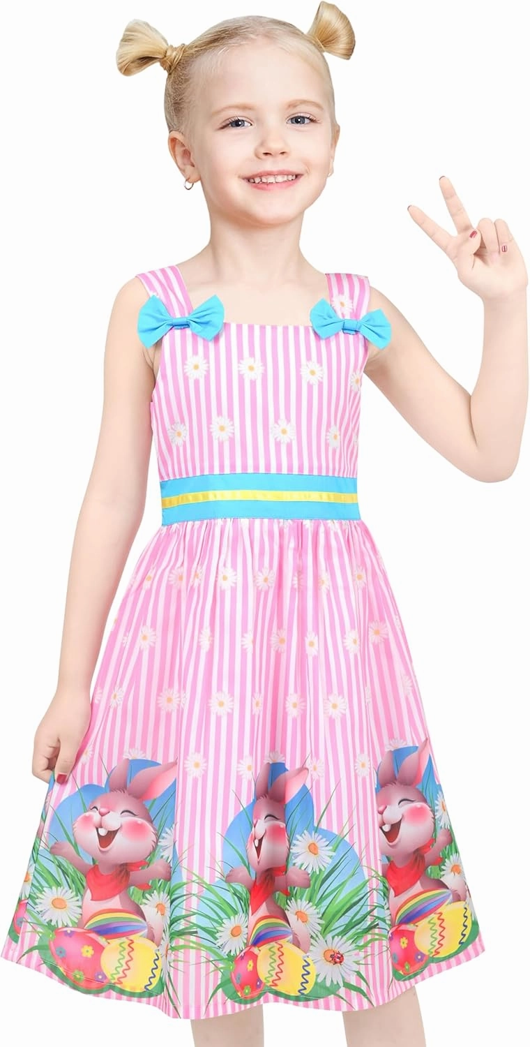 Sunny Fashion Girls Dress 2 Piece Bag Easter Bunny Egg Hunting Blue Casual Party