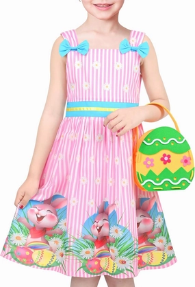Sunny Fashion Girls Dress 2 Piece Bag Easter Bunny Egg Hunting Blue Casual Party