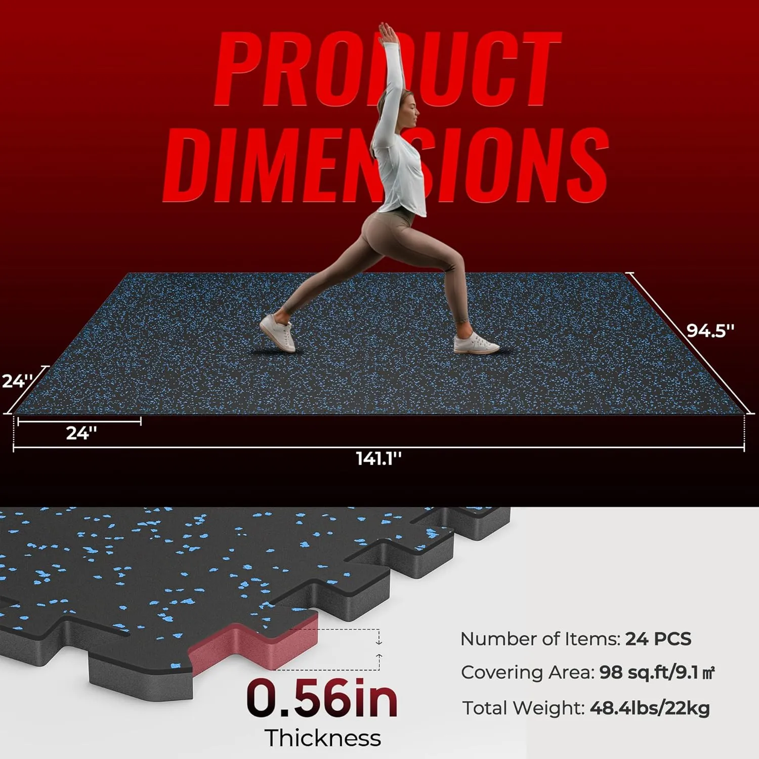 SUPERJARE 0.56'' Thick 24 Pcs 96 Sq Ft Rubber Top Exercise Equipment Mats, High Density EVA Foam Mats with Rubber Top, Interlocking Gym Flooring for Home Gym, Protective Workout Mat, Black/Blue