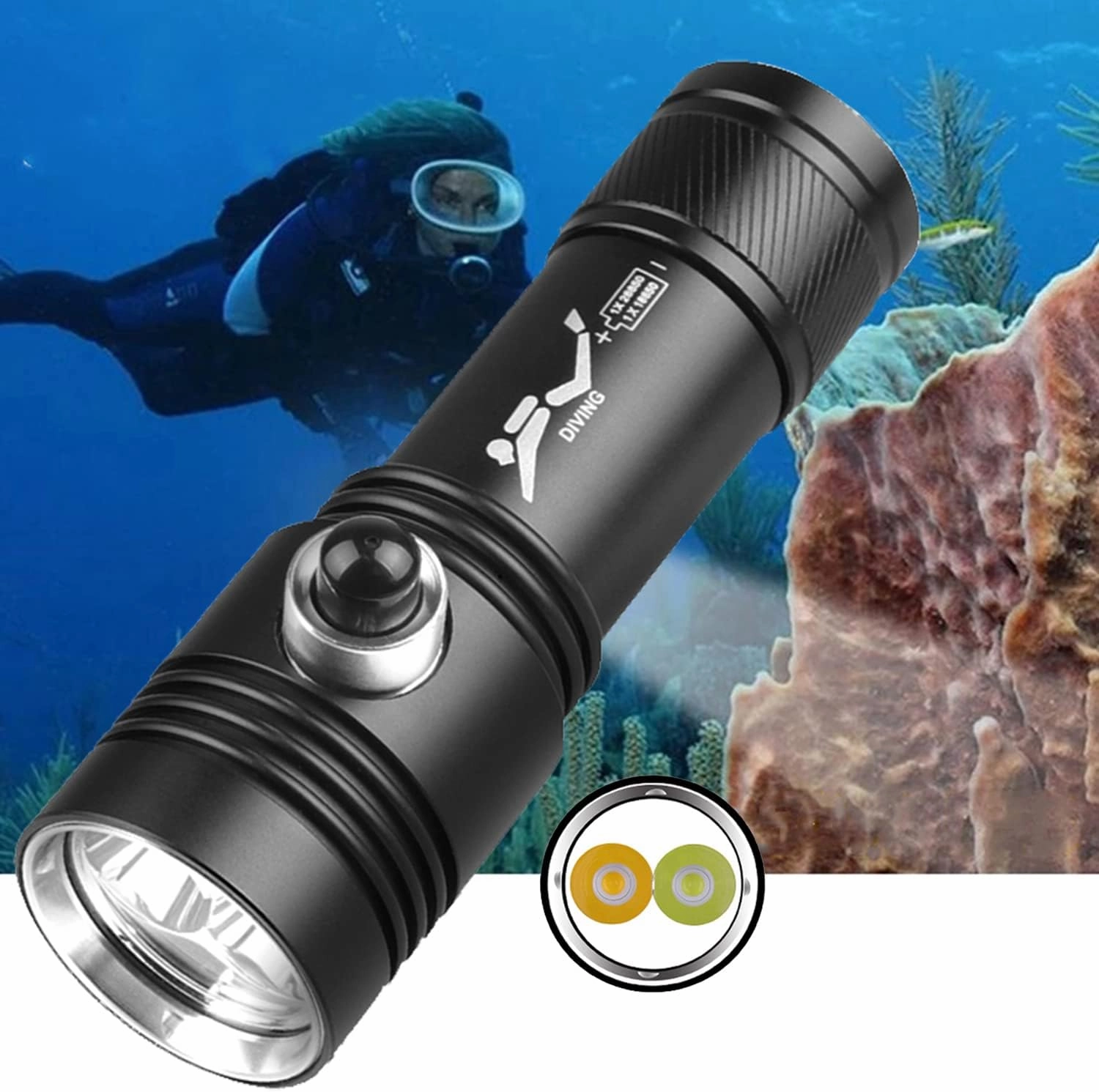 Swanlake Led Diving Flashlight White and Yellow Light IPX8 Underwater 100m Powerful Professional Diving Light Scuba Diving Gear Torch Hand Lamp