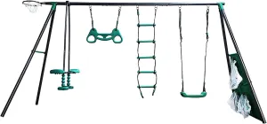 Swing Set, 6 in 1 Multifunction Kids Outdoor Set w/Adjustable Swing, Glider, Gym Rings, Climbing Ladder, Basketball Hoop and Soccer Goal, Metal Stand for Backyard Playground Blackish Green