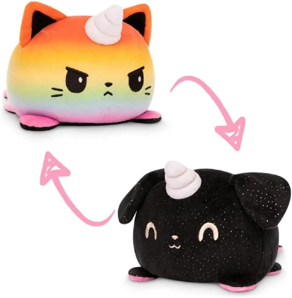 TeeTurtle - The Original Reversible Cat   Dog Plushie - Black Sparkle Puppicorn   Rainbow Kittencorn - Cute Sensory Fidget Stuffed Animals That Show Your Mood