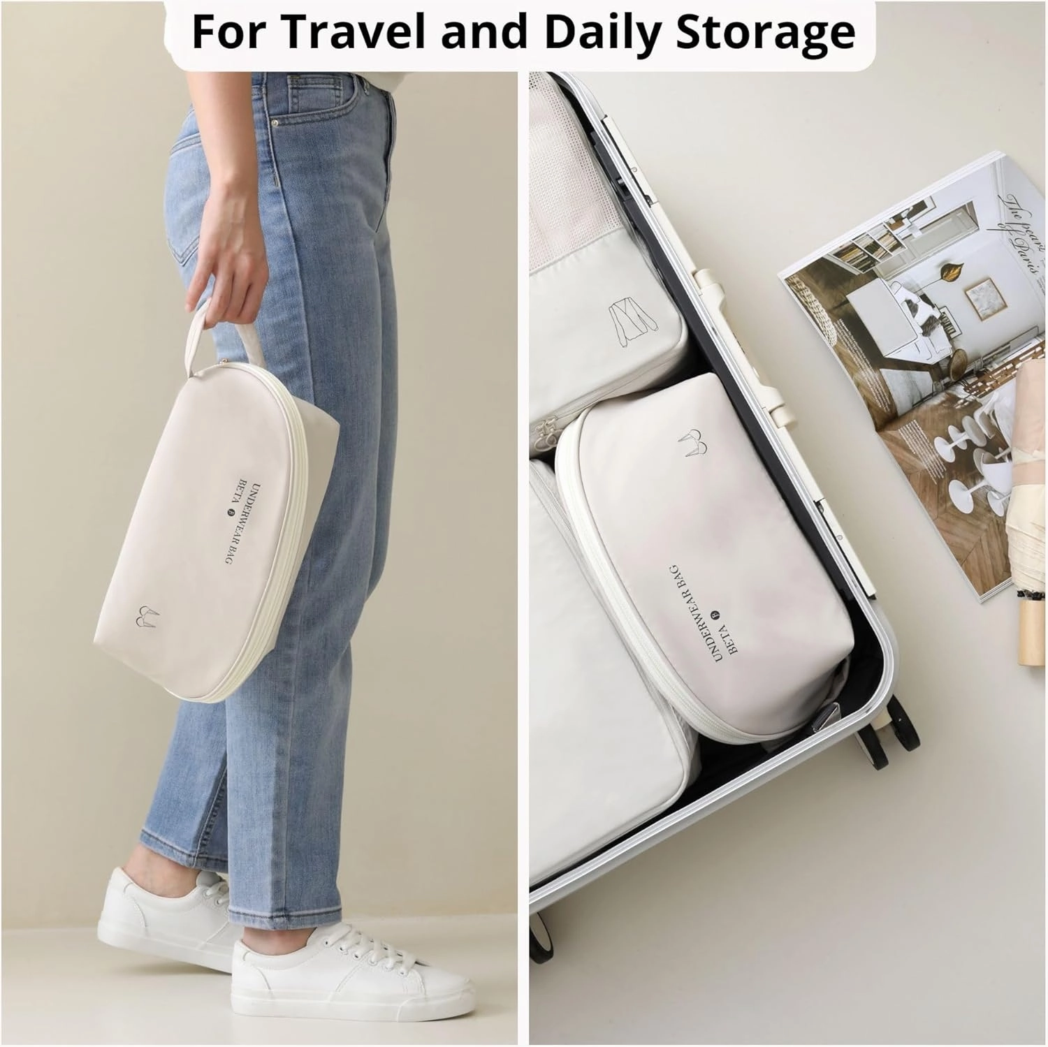 tianzong Travel Underwear Packing Cube for Women, Portable Luggage Organizer Bag, Multi-compartment Versatile Storage Bag for Suitcase (1 Pack, XL Beige)