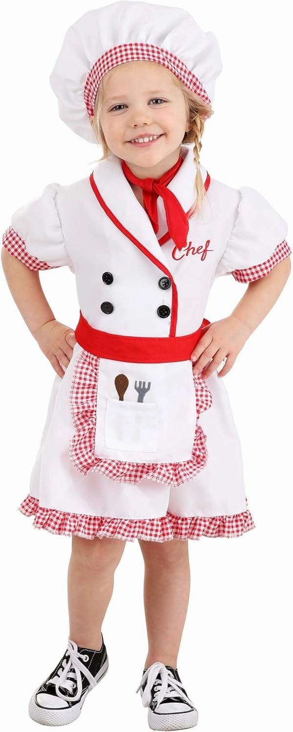 Toddler Fresh Chef Costume for Girls - Dress, Hat, Scarf & Apron with Gingham Trim