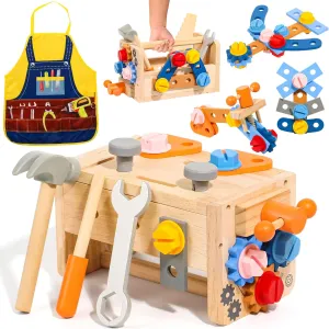 TONZE Kids Tool Set with Apron, Wooden Toddler Tool Bench Montessori Toys for 2 Year Old 39 PCS Educational STEM Construction Toys for Ages 2-4 Pretend Play Toddler Toys 3 4 5 Year Old Birthday Gift