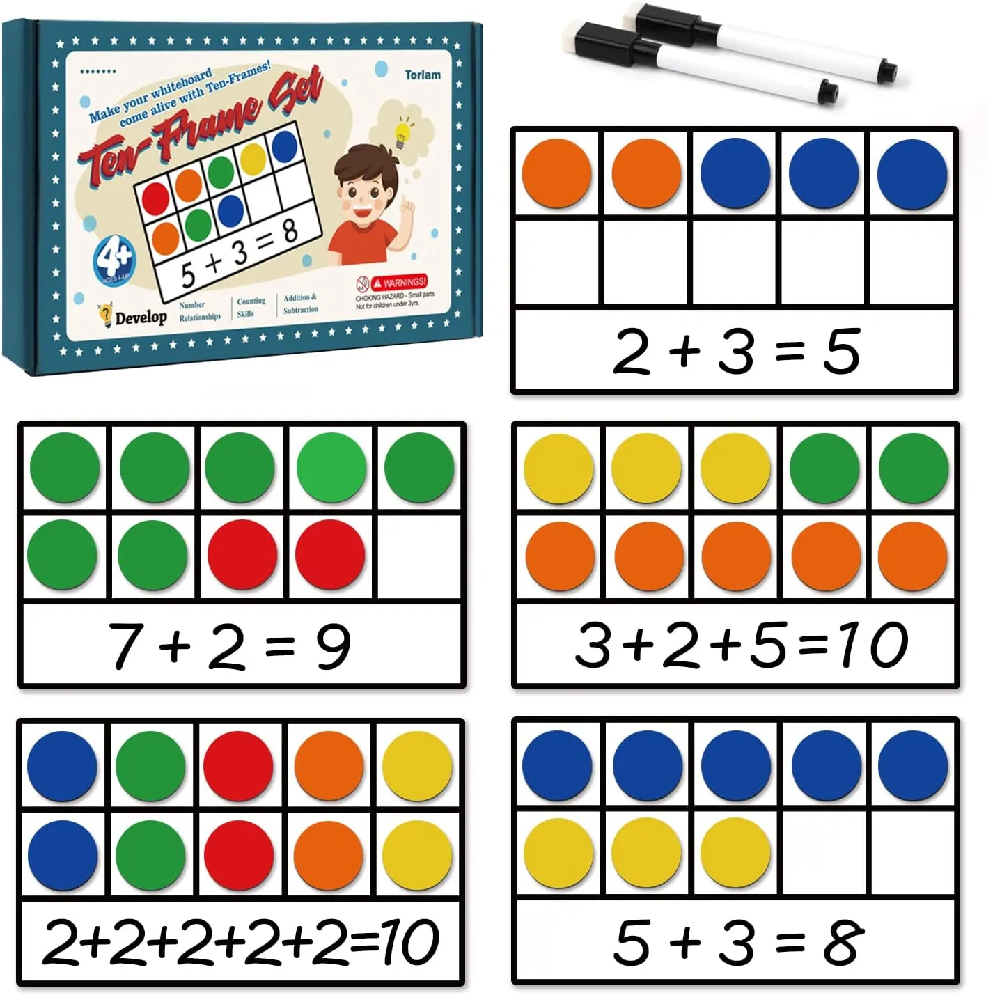 Torlam Magnetic Ten-Frame Set - Math Manipulative for Elementary - 5 Ten Frames & 55 Magnetic Counters for Kids, Kindergarten Math Games (Upgraded Version for Hand-held & 2 Black Pens)