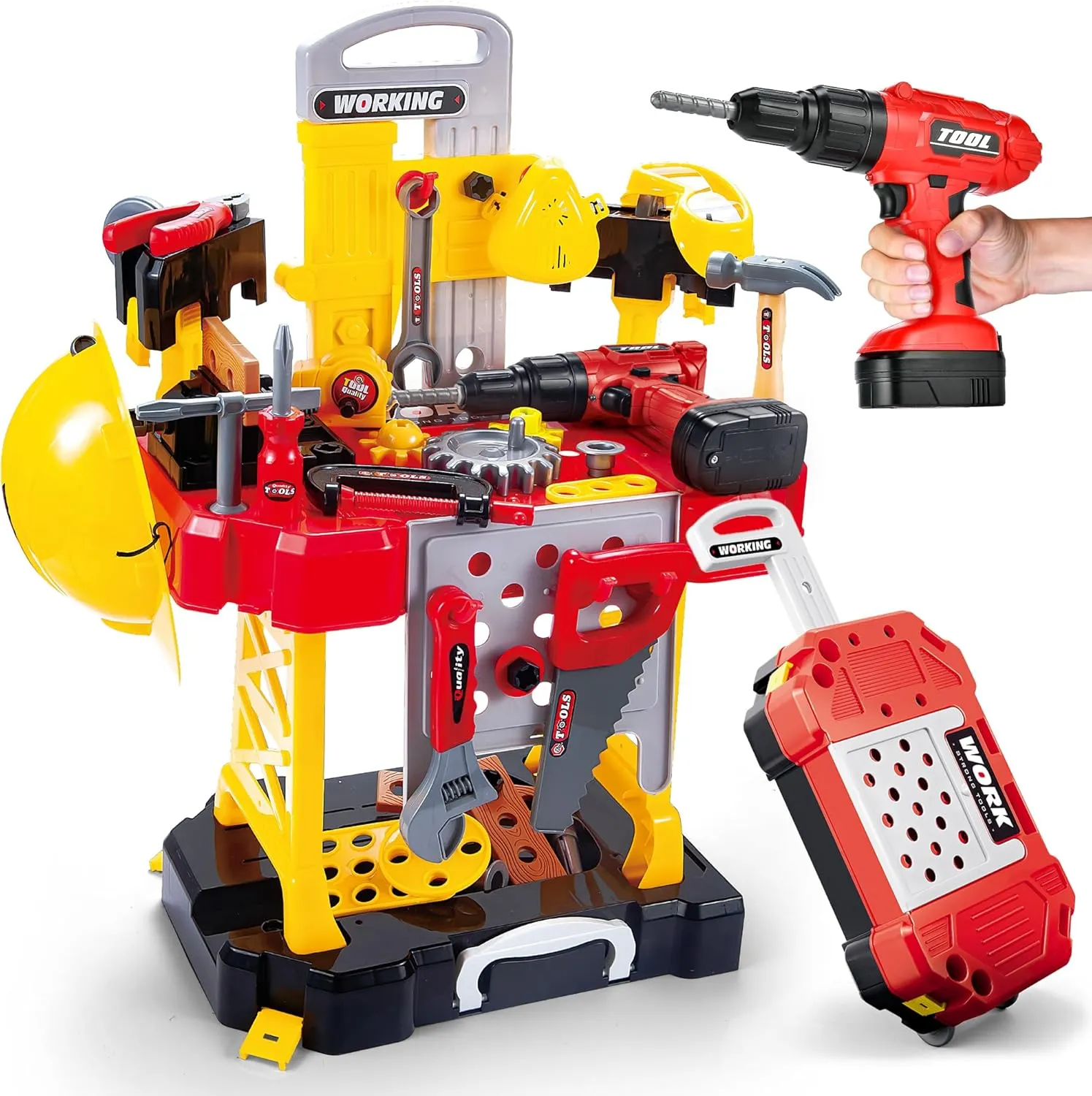 Toy Choi's Kids Tool Set, 83 Pieces Construction Kids Tool Bench Playset, Toddler Tool Bench with Play Helmet, Realistic Electric Drill, STEM Educational Toy for Boys & Girls Aged 3-8