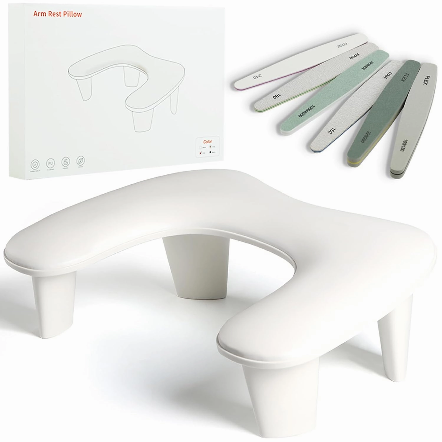Two Hands Arm Rest for Nails Tech U-Shape Nail Hand Pillow with 6Pcs Nail Files Professional Portable Nail Stand Hand Rest Leather Manicure Rest Stand Salon Manicurist Essentials (White)