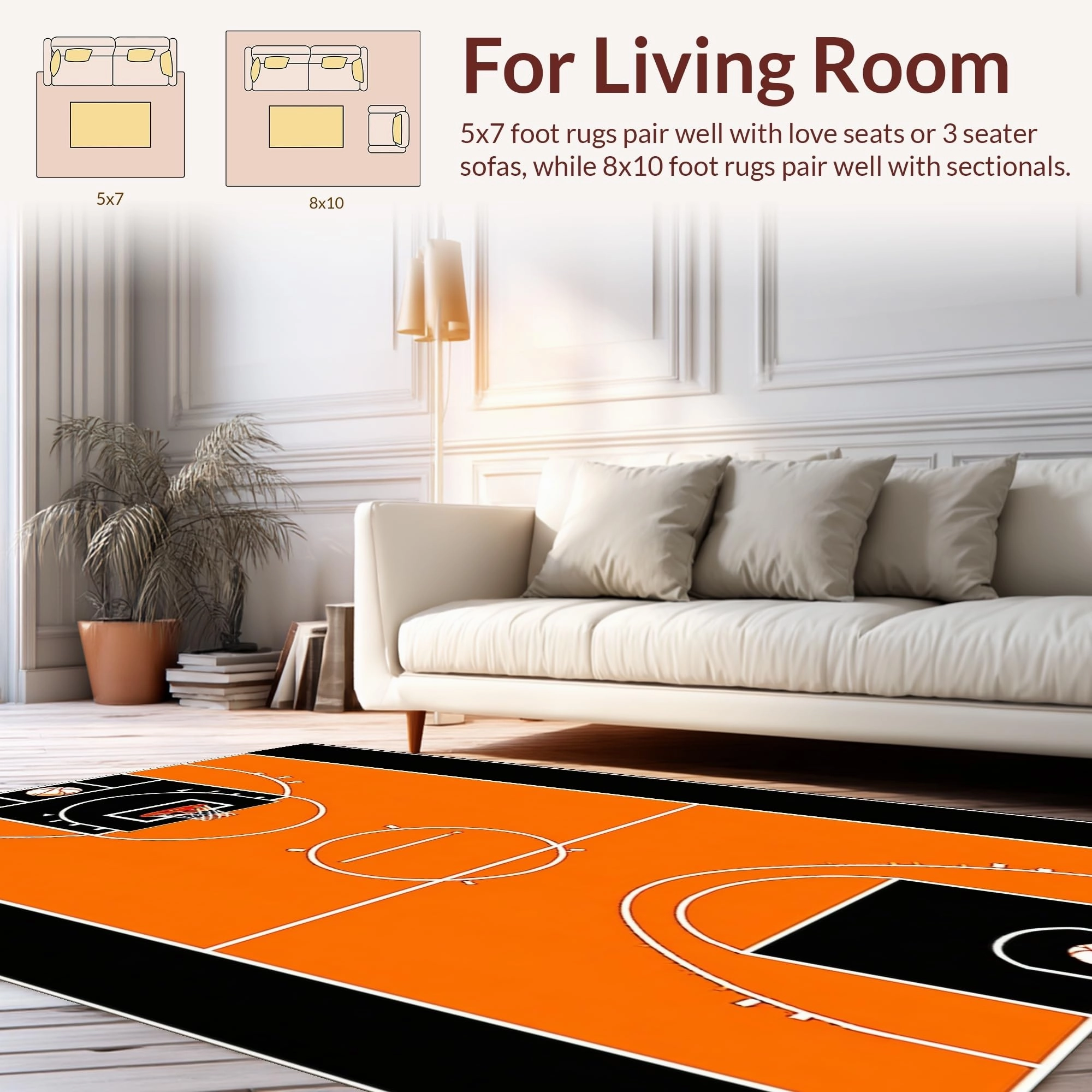 Ultra Soft Area Rug, Non Slip, Stain Resistant, Washable Area Rugs for Living Room, Bedroom, Bold Basketball Iconic Imagery(Orange)