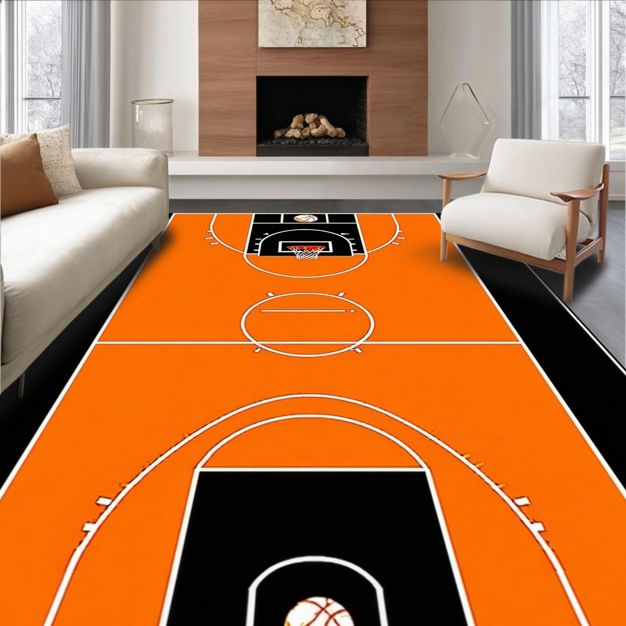 Ultra Soft Area Rug, Non Slip, Stain Resistant, Washable Area Rugs for Living Room, Bedroom, Bold Basketball Iconic Imagery(Orange)