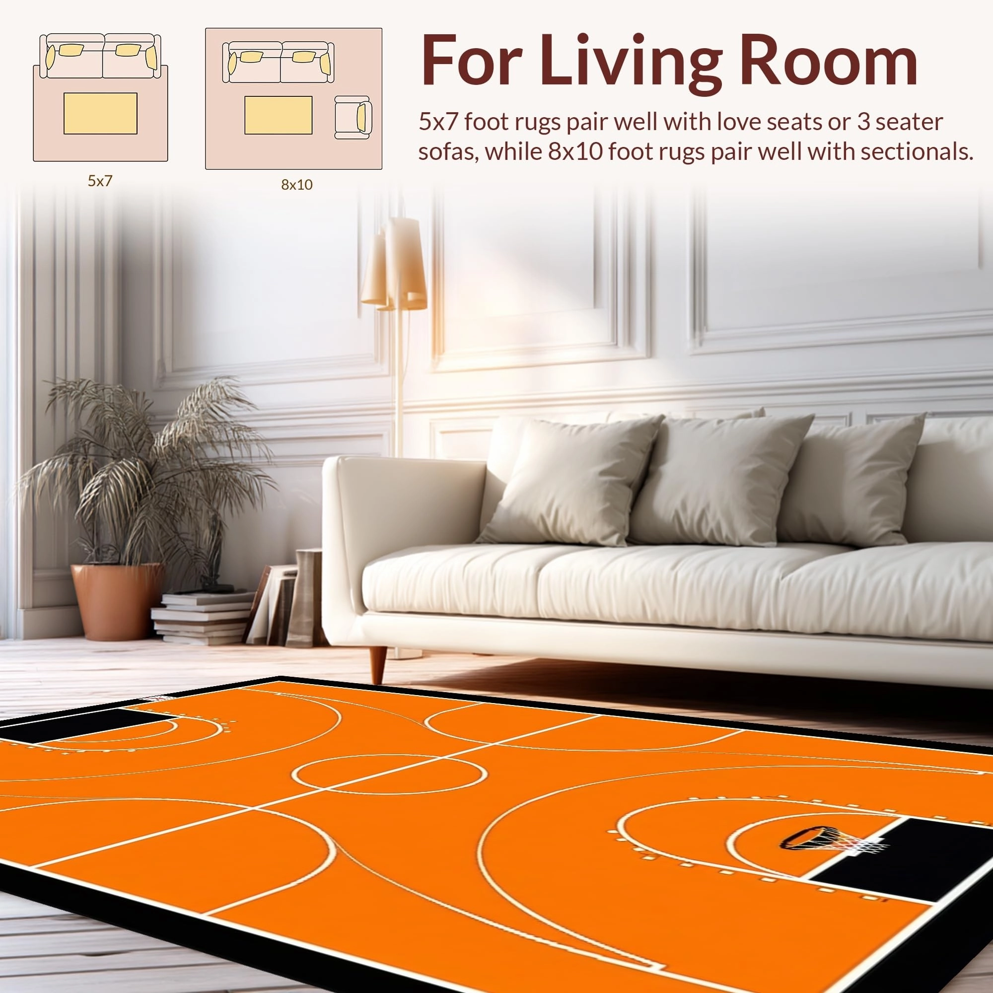 Ultra Soft Area Rug, Non Slip, Stain Resistant, Washable Area Rugs for Living Room, Bedroom, Chic Round Basketball Graphic Display(Orange)