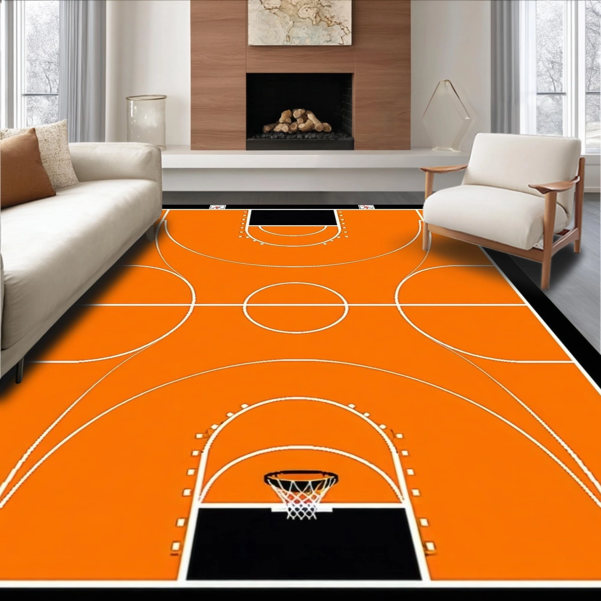 Ultra Soft Area Rug, Non Slip, Stain Resistant, Washable Area Rugs for Living Room, Bedroom, Chic Round Basketball Graphic Display(Orange)