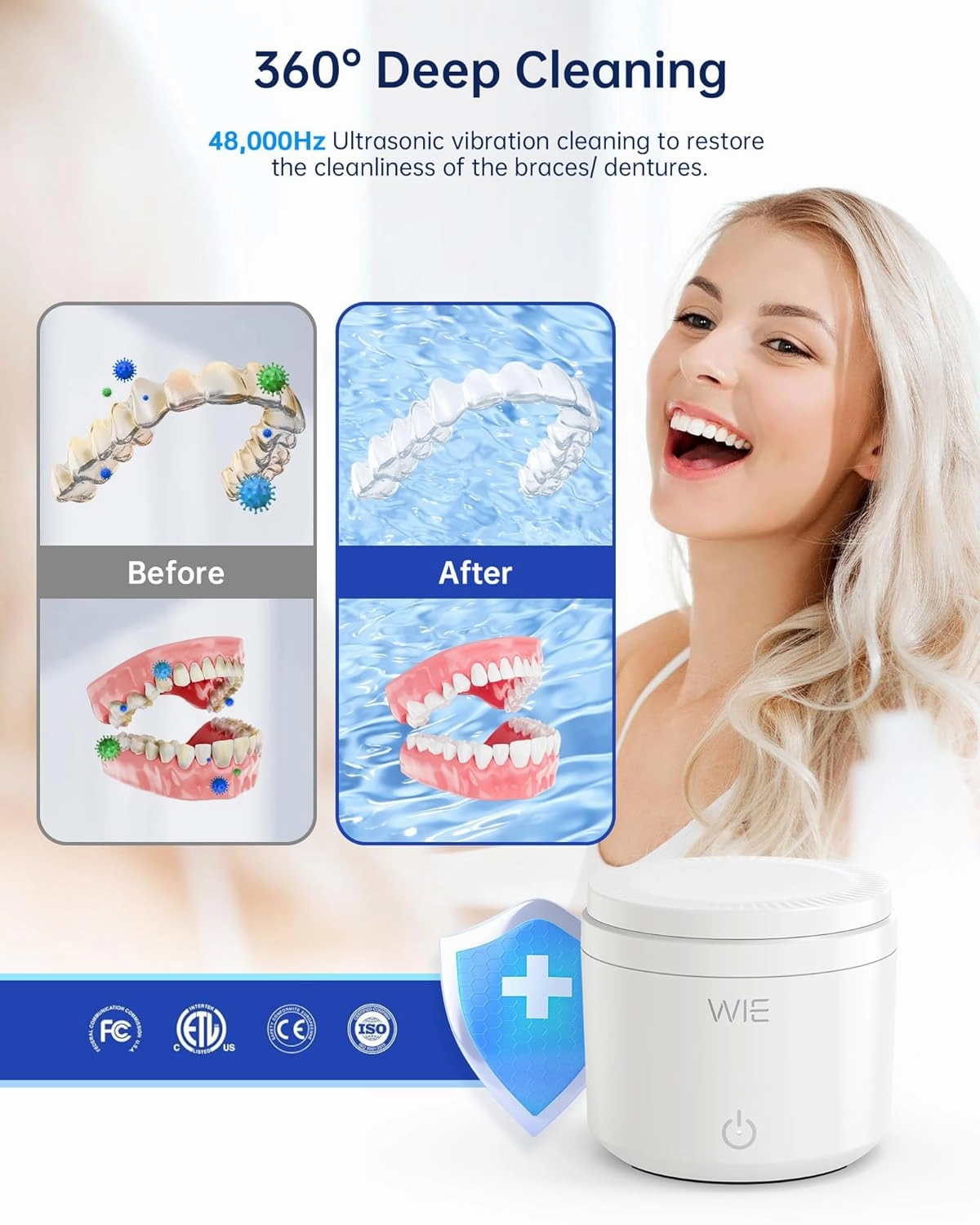Ultrasonic Retainer Cleaner Machine, 48kHz Retainer Cleaner for Dentures, Night Mouth Guards,Jewelry Cleaner, Aligner, Toothbrush Head, 200ML Portable UV Retainer Cleaning Pod - 2 Modes,White