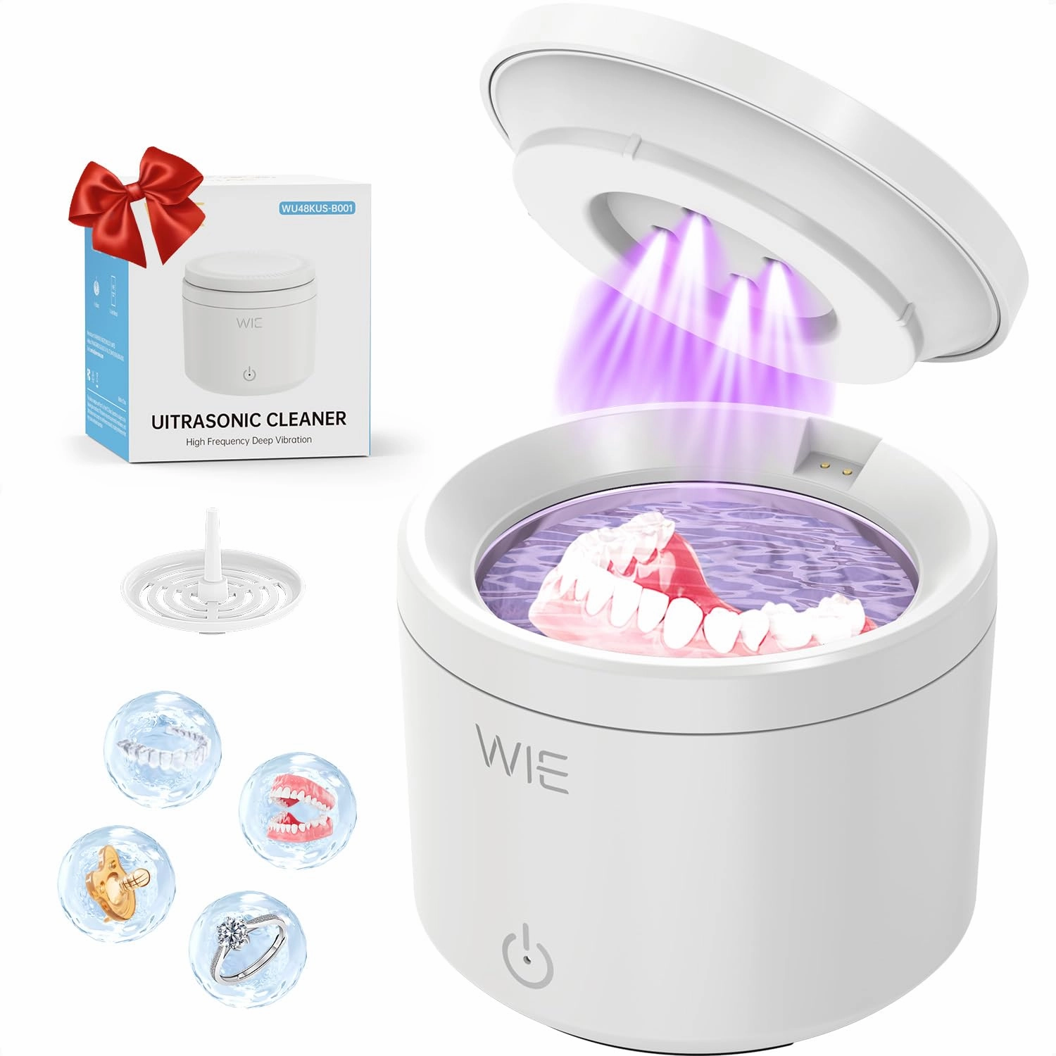 Ultrasonic Retainer Cleaner Machine, 48kHz Retainer Cleaner for Dentures, Night Mouth Guards,Jewelry Cleaner, Aligner, Toothbrush Head, 200ML Portable UV Retainer Cleaning Pod - 2 Modes,White