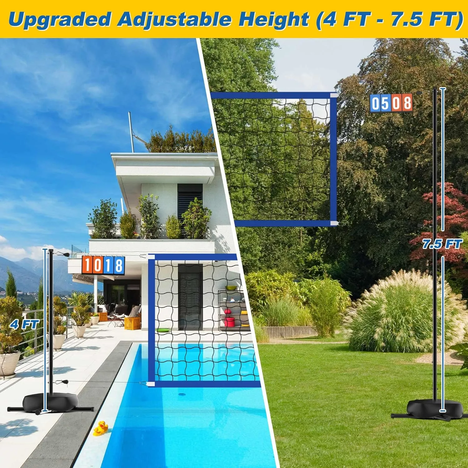 Upgraded Pool Volleyball Net with Scoreboard, Adjustable Height (4-7.5 FT) & Width Pool Volleyball Set, Portable Versatile Tennis Badminton Net with Water Base, LED Light for Indoor Outdoor
