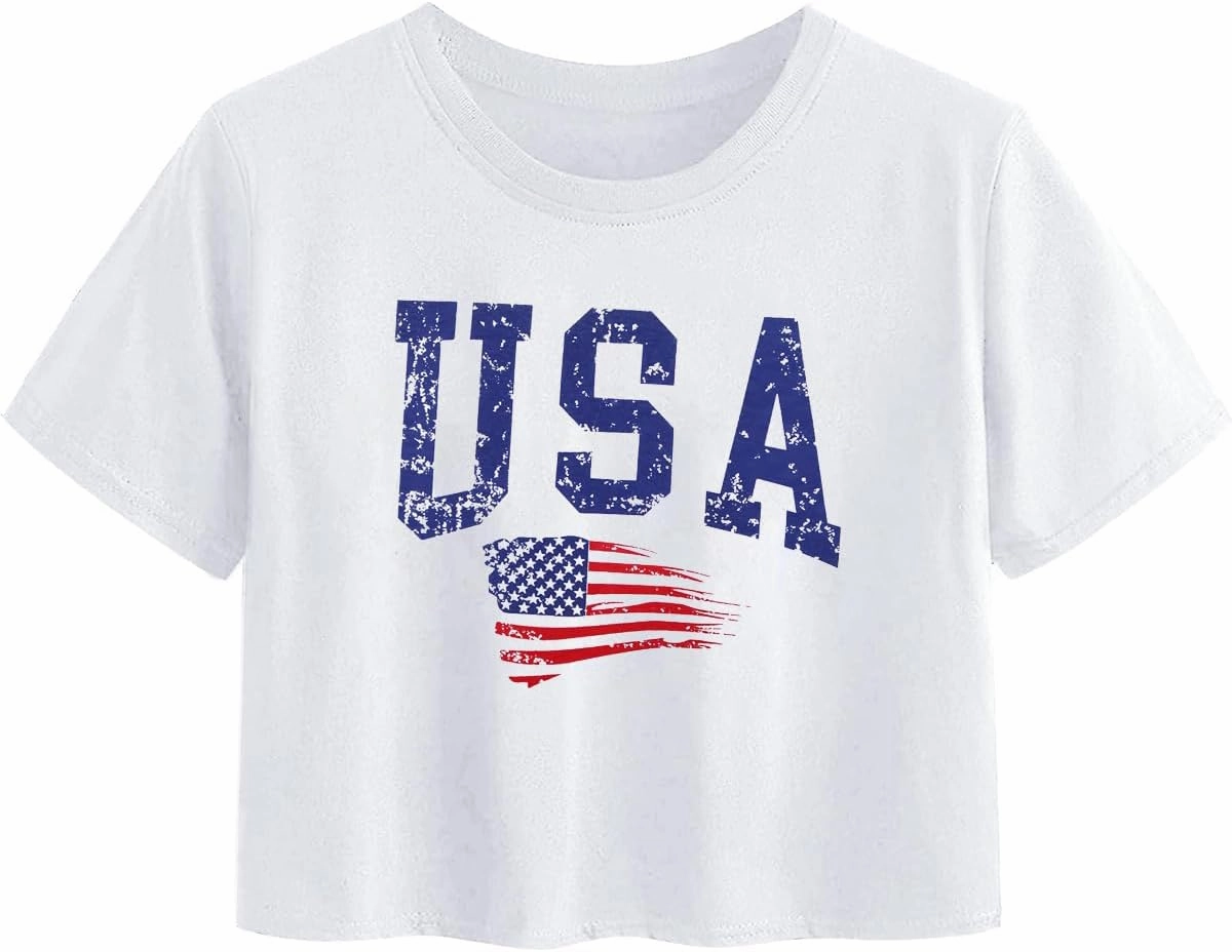 USA Shirts for Women American Flag Crop Shirt 4th of July Crop Top Patriotic T-Shirt Cropped Summer Tee Tops