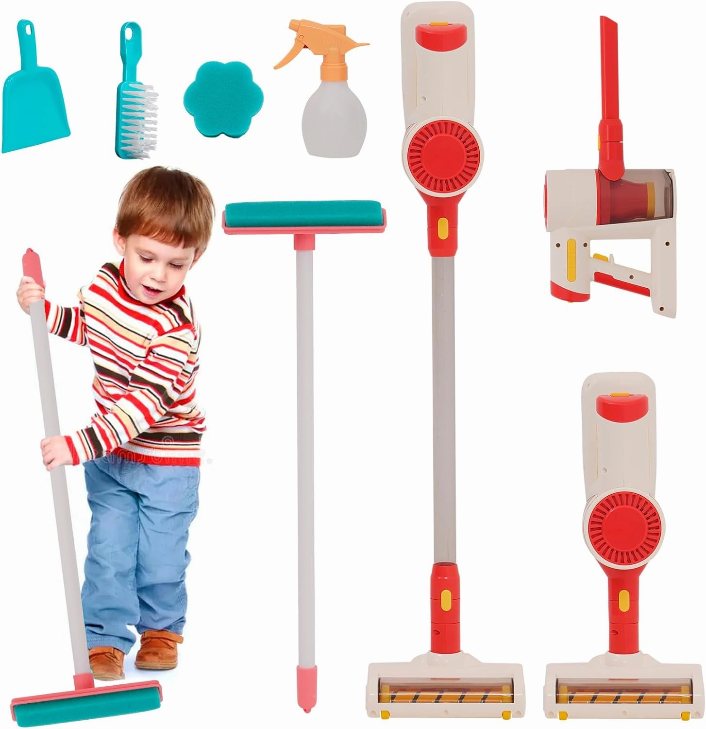 Vacuum Cleaner Toy for Toddler with Real Suction Function, Realistic Role-Play Cordless Vacuum Toy with Music, Kids Interactive Toy Cleaning Tool Set for Boys Girls