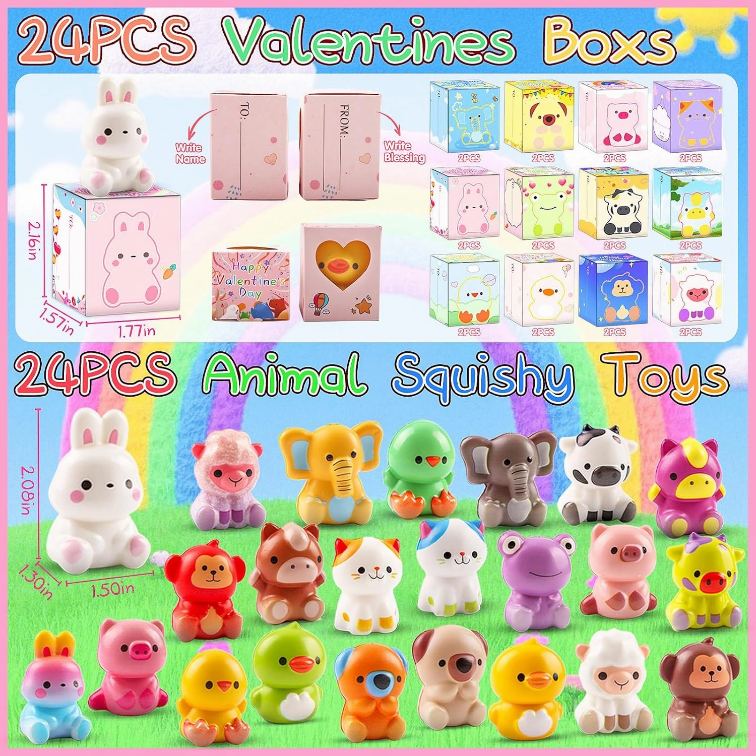 Valentines Day Gifts for Kids 24PCS Animal Squishy Toys, Slow Rising Stress Relief Toys, Goodie Bag Stuffers, Party Favors for Classroom Prizes