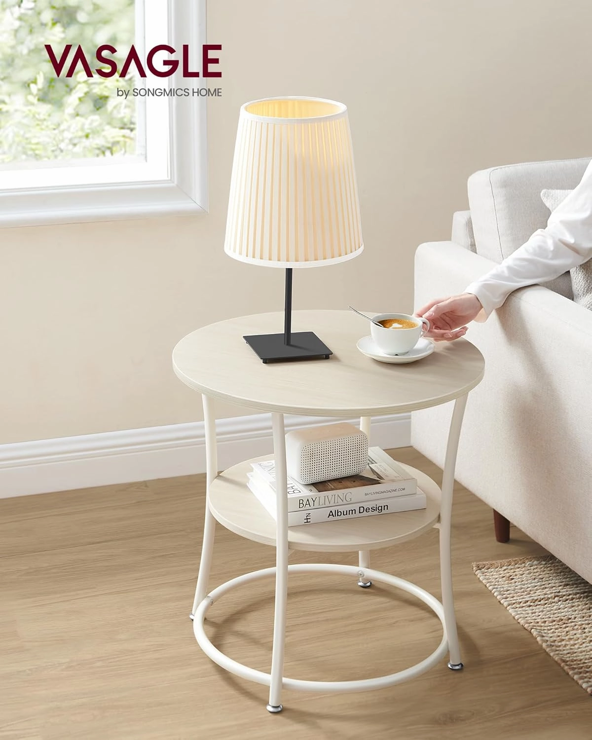 VASAGLE Side Table, Round End Table with 2 Storage Shelves for Living Room, Bedroom, Nightstand with Steel Frame for Small Spaces, Accent Coffee Table, Natural Beige