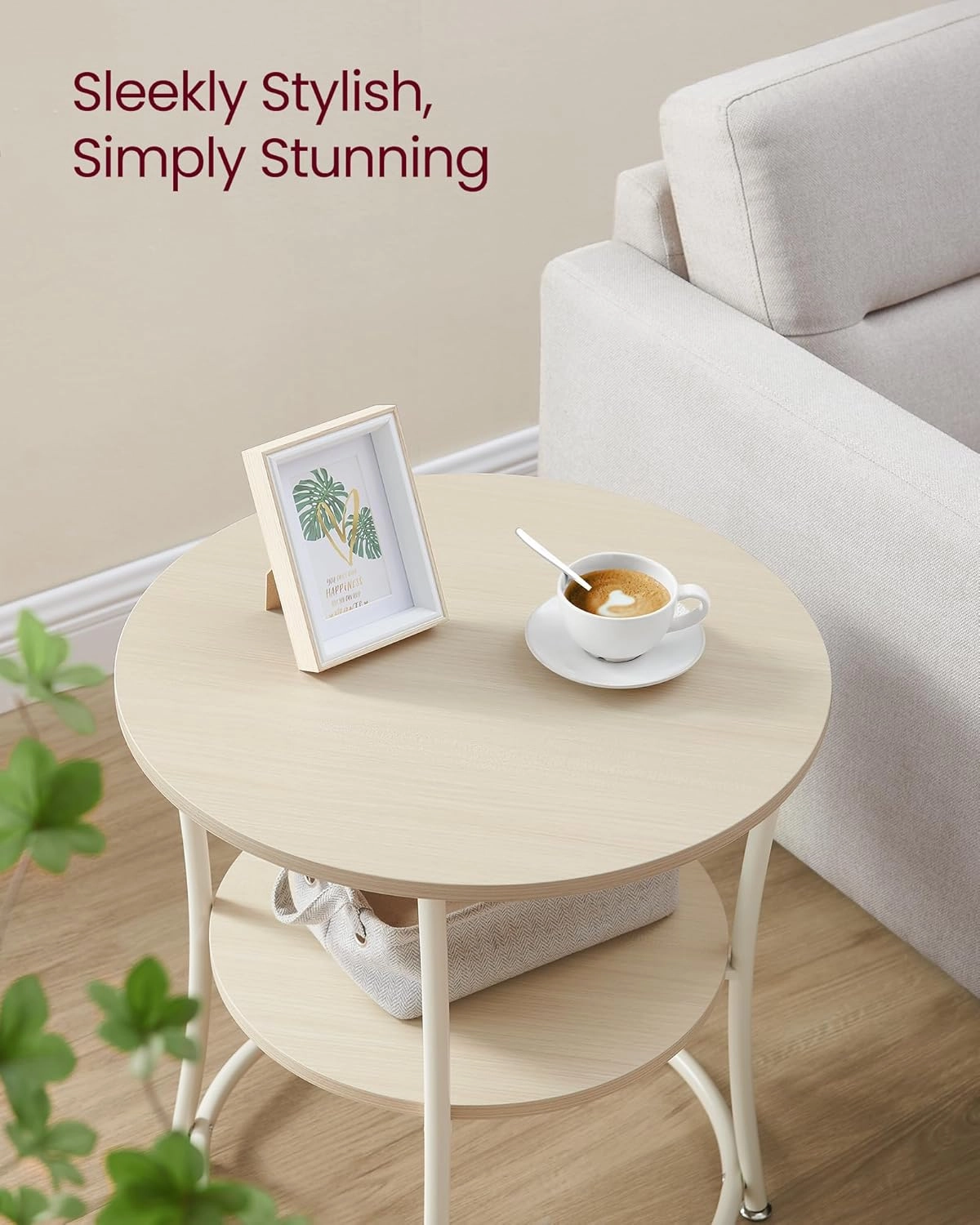 VASAGLE Side Table, Round End Table with 2 Storage Shelves for Living Room, Bedroom, Nightstand with Steel Frame for Small Spaces, Accent Coffee Table, Natural Beige