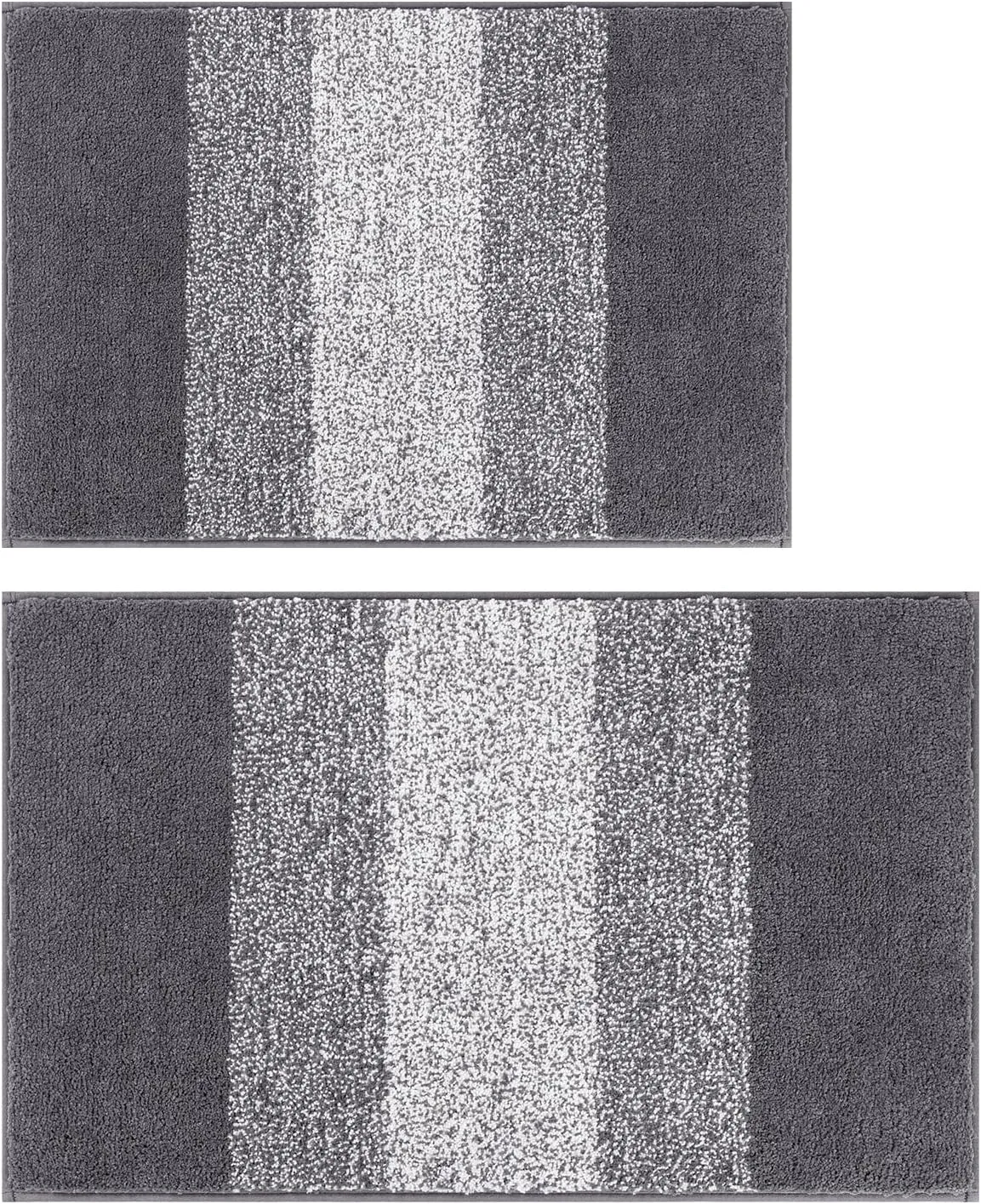 Vaukki Luxury Soft Bathroom Rugs Set of 2, Non Slip Washable Plush Bath Floor Mats, Microfiber Shaggy Absorbent Striped Bath Carpet for Tub, Bathroom and Shower (18''x26'' 20''x32'', Grey)