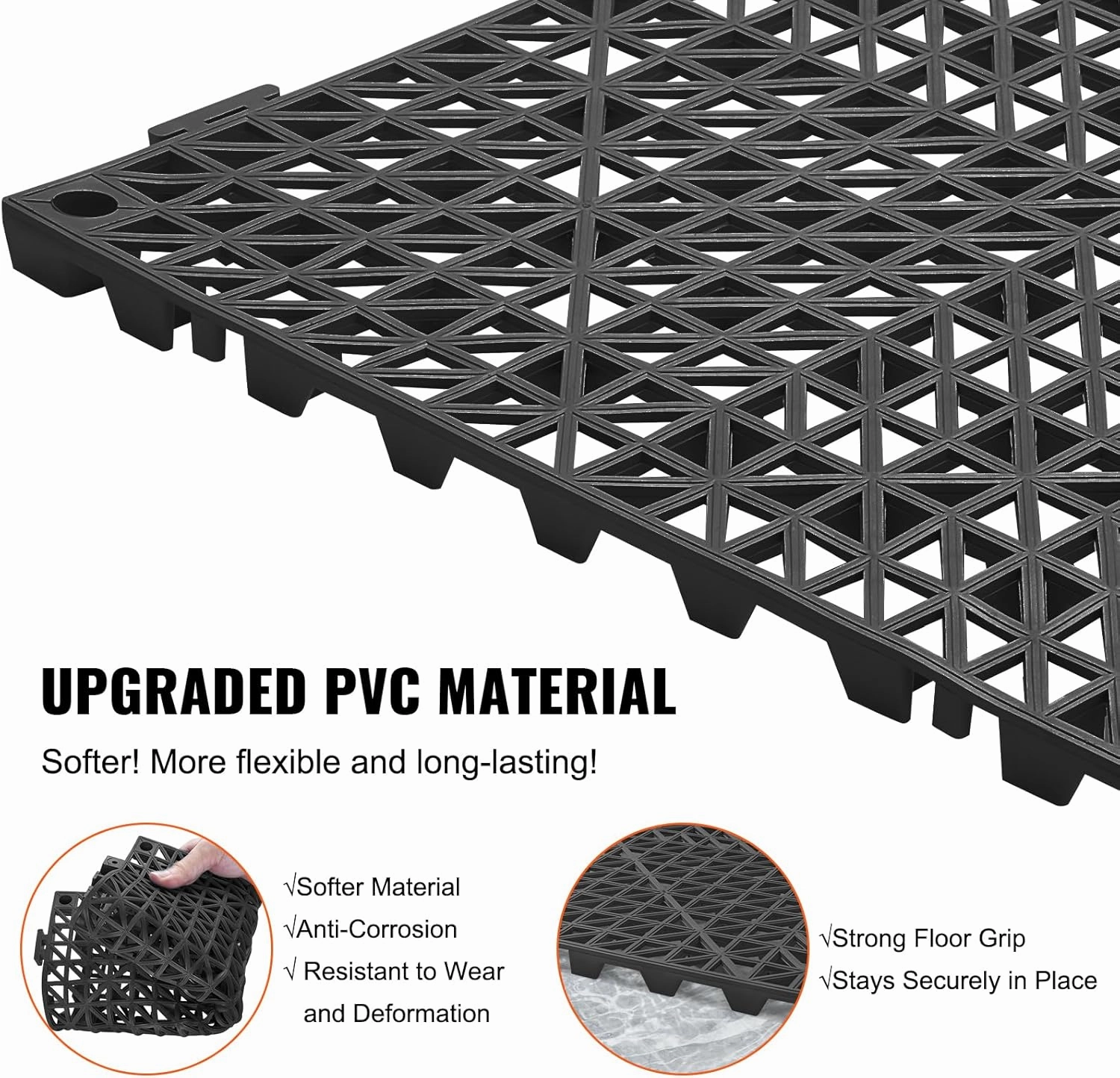 VEVOR Interlocking Tile 55PCS Black, Drainage Tiles 12" x 12" Splicing, Soft PVC Interlocking Drainage Floor Tiles, Non-Slip Drainage Holes for Restroom, Bathroom, Kitchen, Pool, Wet Areas