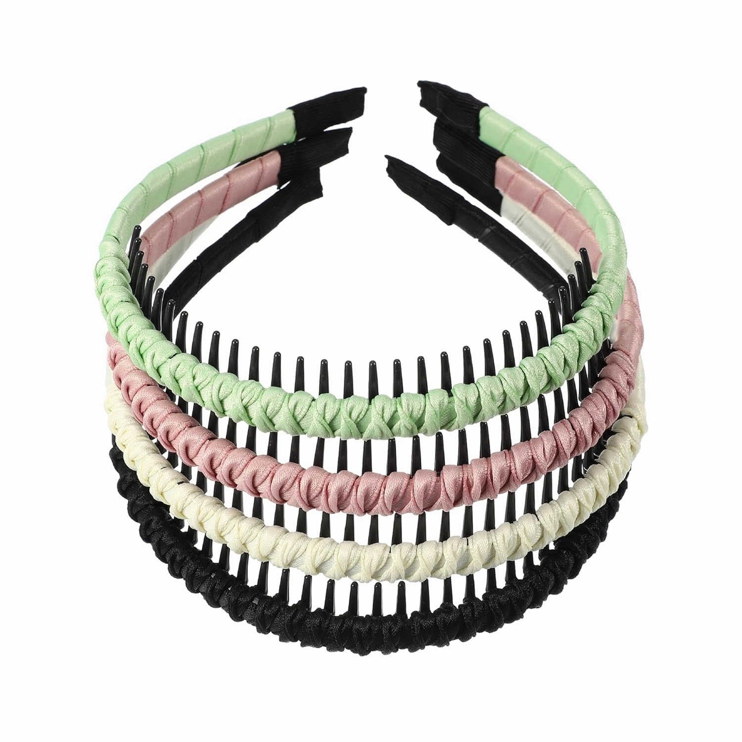 VOCOSTE 4pcs Teeth Comb Headband, Tooth Comb Hair Hoop for Women, Non-slip Braided Hair Bands Hair Accessories for Yoga, Exercise, Makeup, Face Washing, Pink Black Light Green Beige
