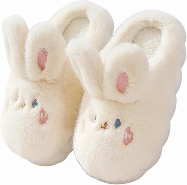 Warm Plush Rabbit Slippers for Women and Men, Cozy Indoor House Slippers with Non-Slip Soles (white, Adult, Women, 6, Numeric, US Footwear Size System, Medium)