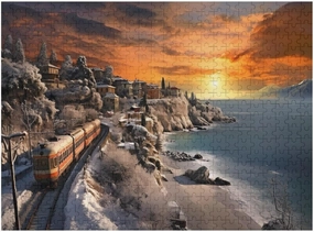 Watercolor Train Seaside Village Sunset 500 Piece Jigsaw Puzzle for Adults, Home Decor Birthday Party Gift Family Game Toy as Wall Art Decor Poster