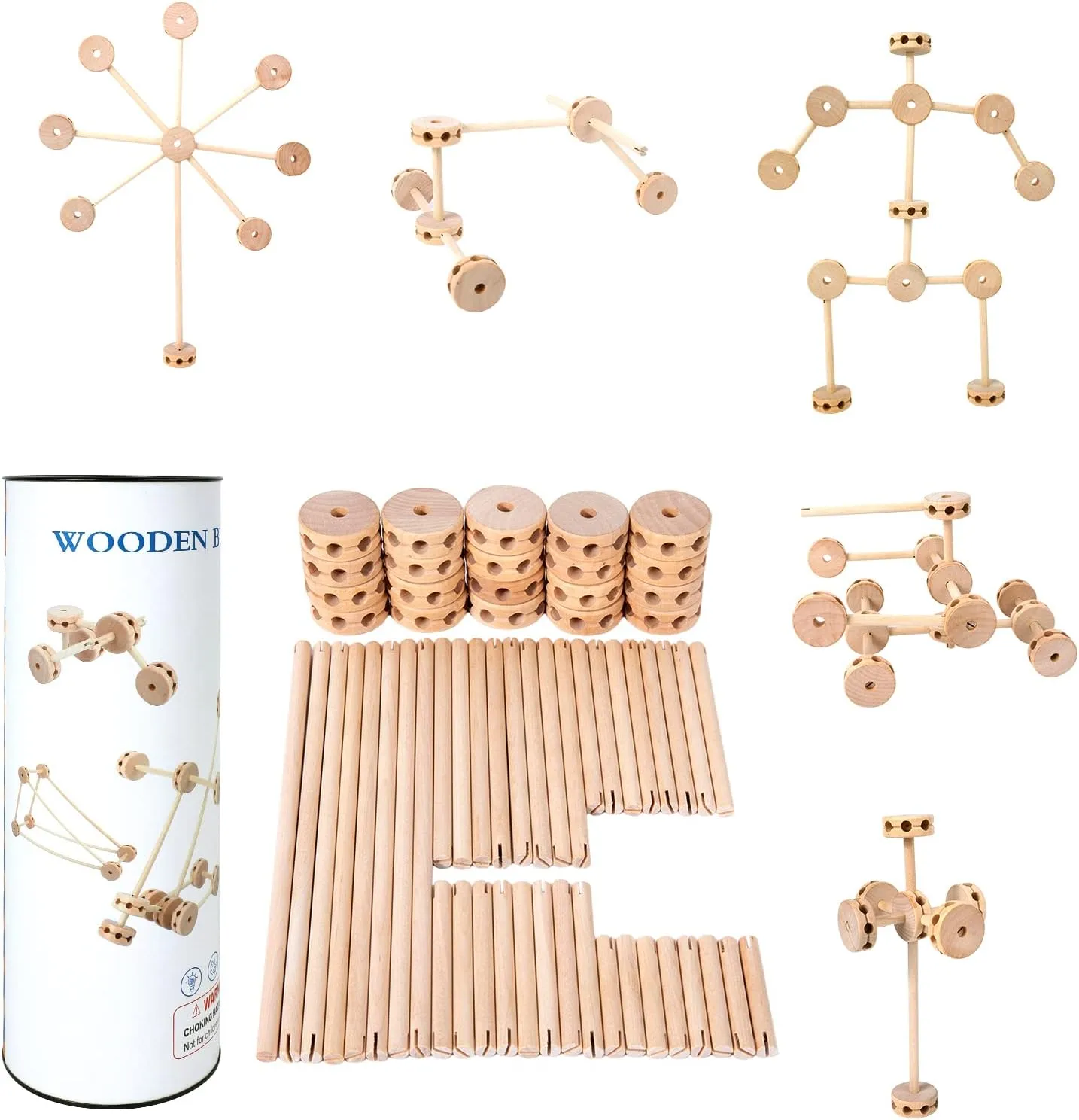 WODI 60PCS Wooden Building Blocks for Kids Ages 4-8, STEM Toys Montessori Learning Toys, Large DIY Educational Construction Blocks for Toddlers, Creative Splicing Activity Set with Manual